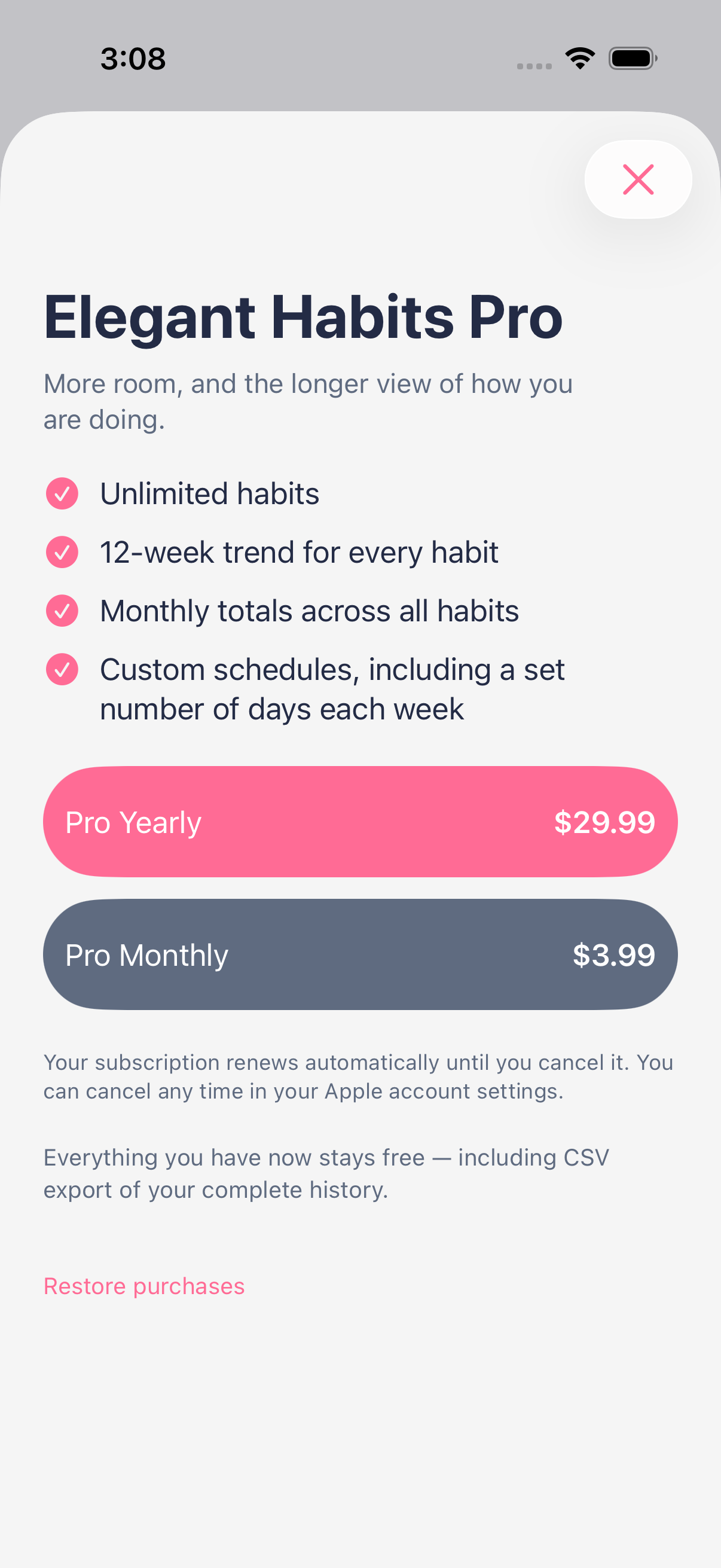 Elegant Habits Pro features and subscription options