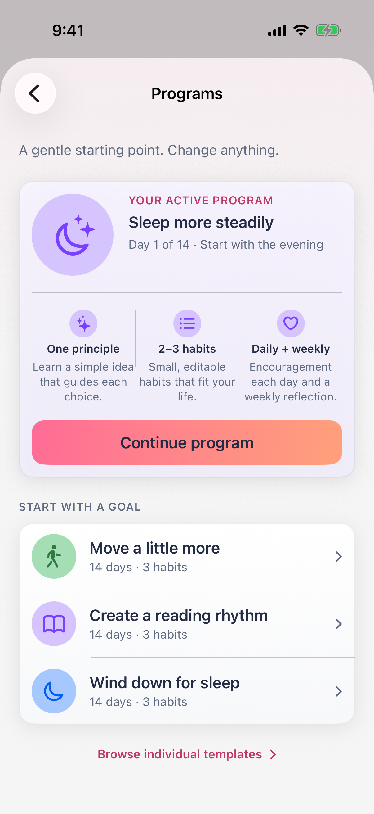 Guided habit program library with four focused programs