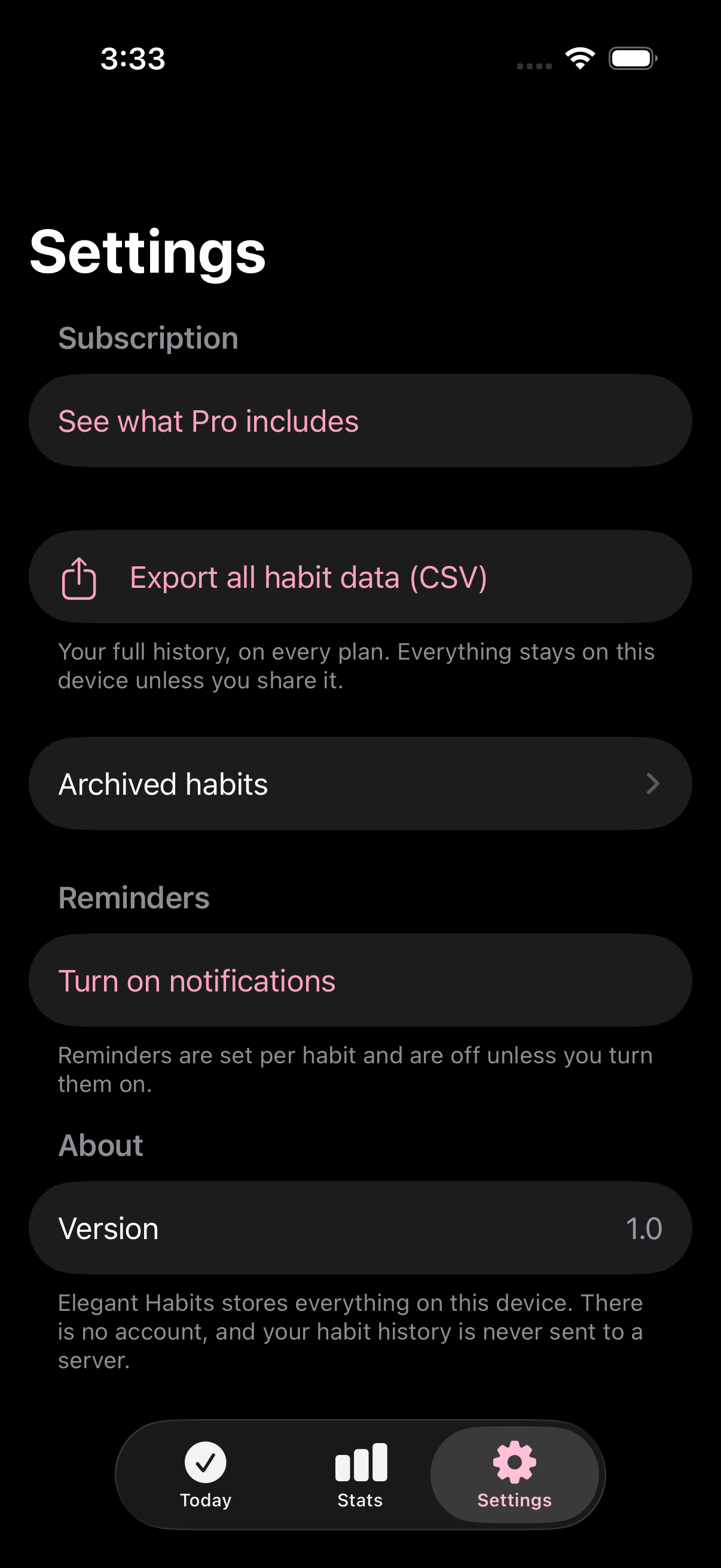 Elegant Habits settings showing privacy and CSV export controls