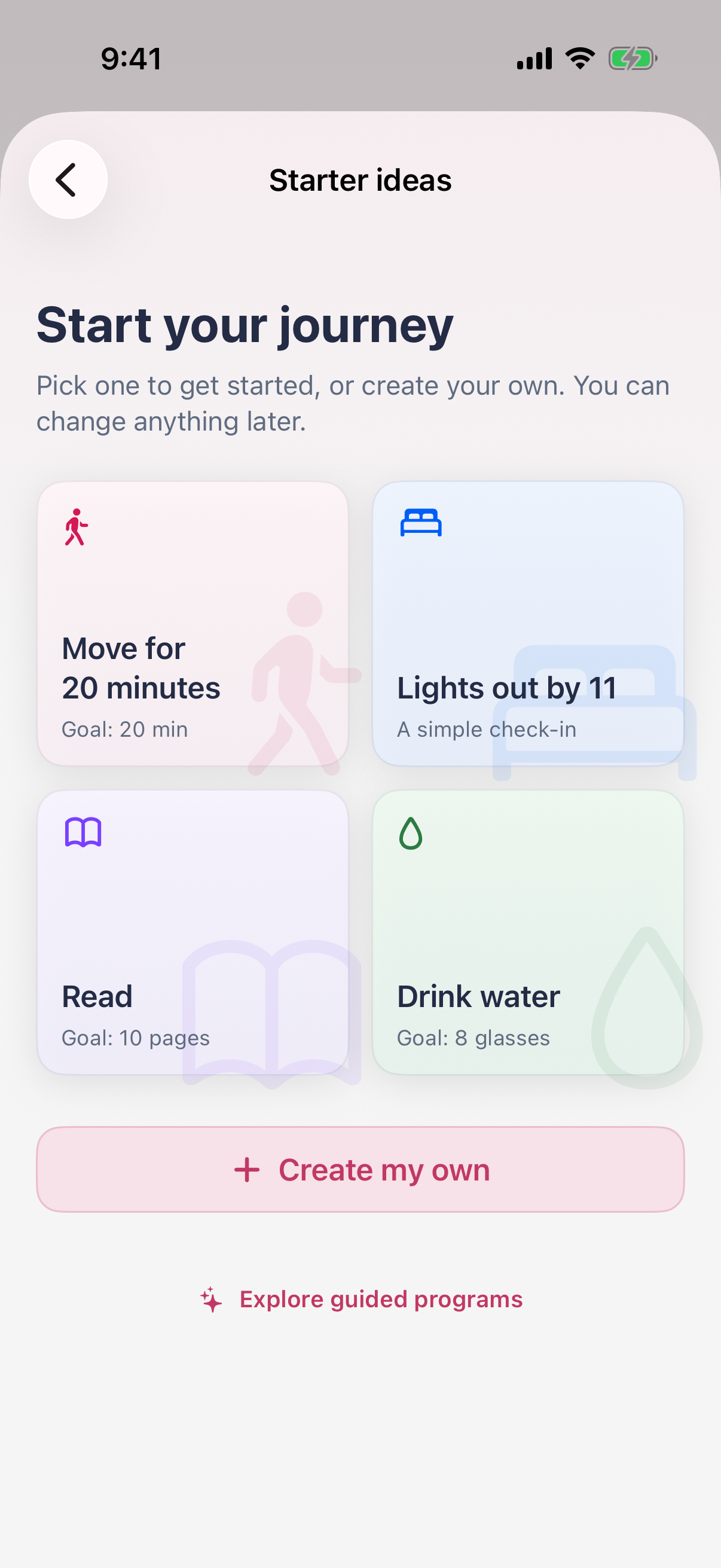 Start Your Journey screen with editable starter habit ideas